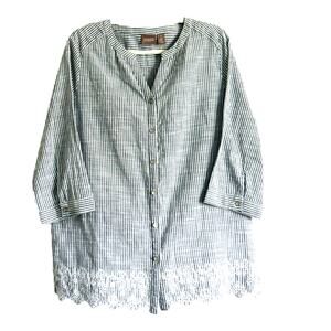 Chico's Navy and White Striped Blouse with Embroidered Detail, size 1, Small